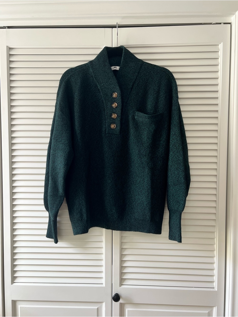 lunya Dark Green Button-Up Shawl-Collar Sweater